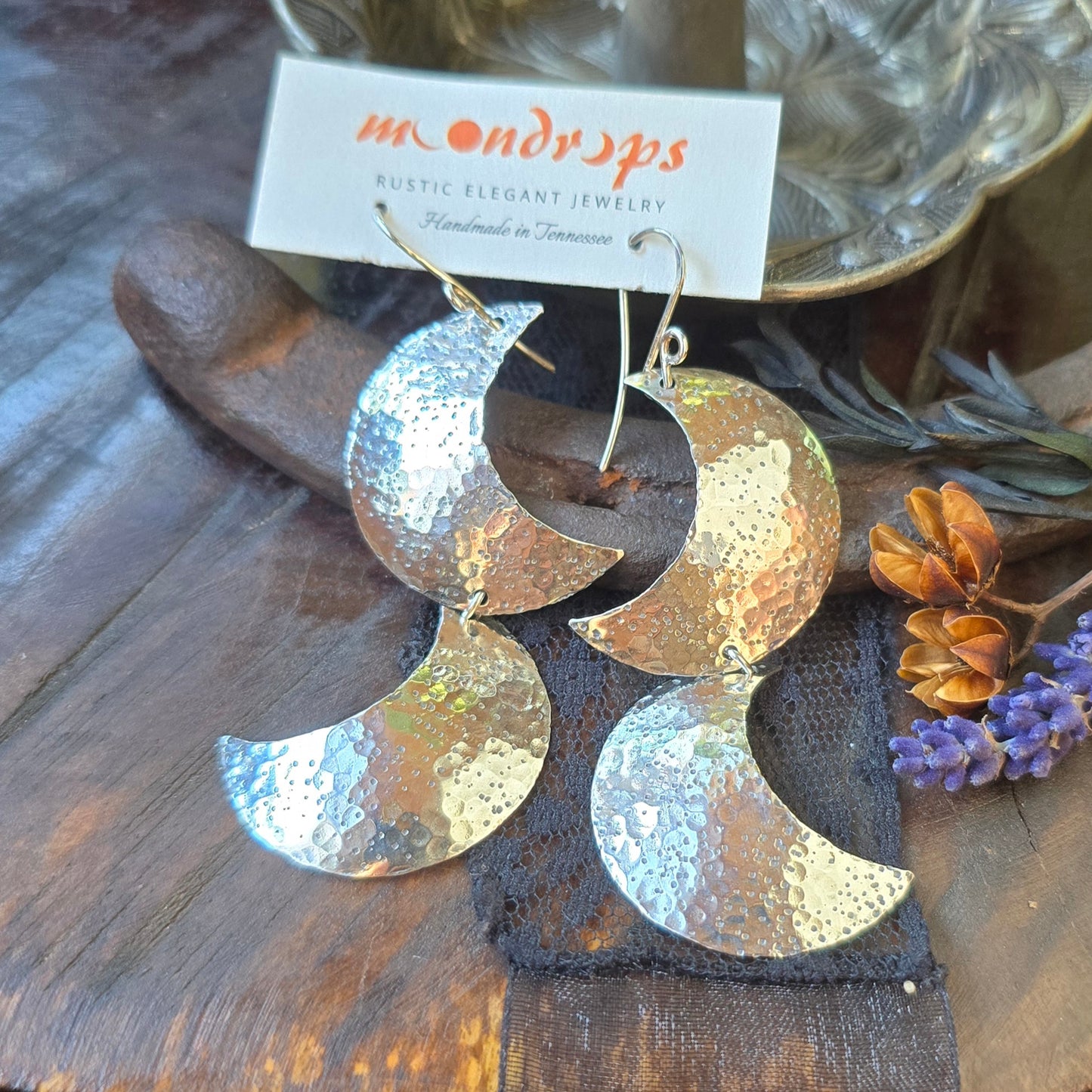 CRESCENT MOON Dangle Earrings  | 925 Sterling Silver Double Crescent Textured Hammered Moon Dangle Earrings