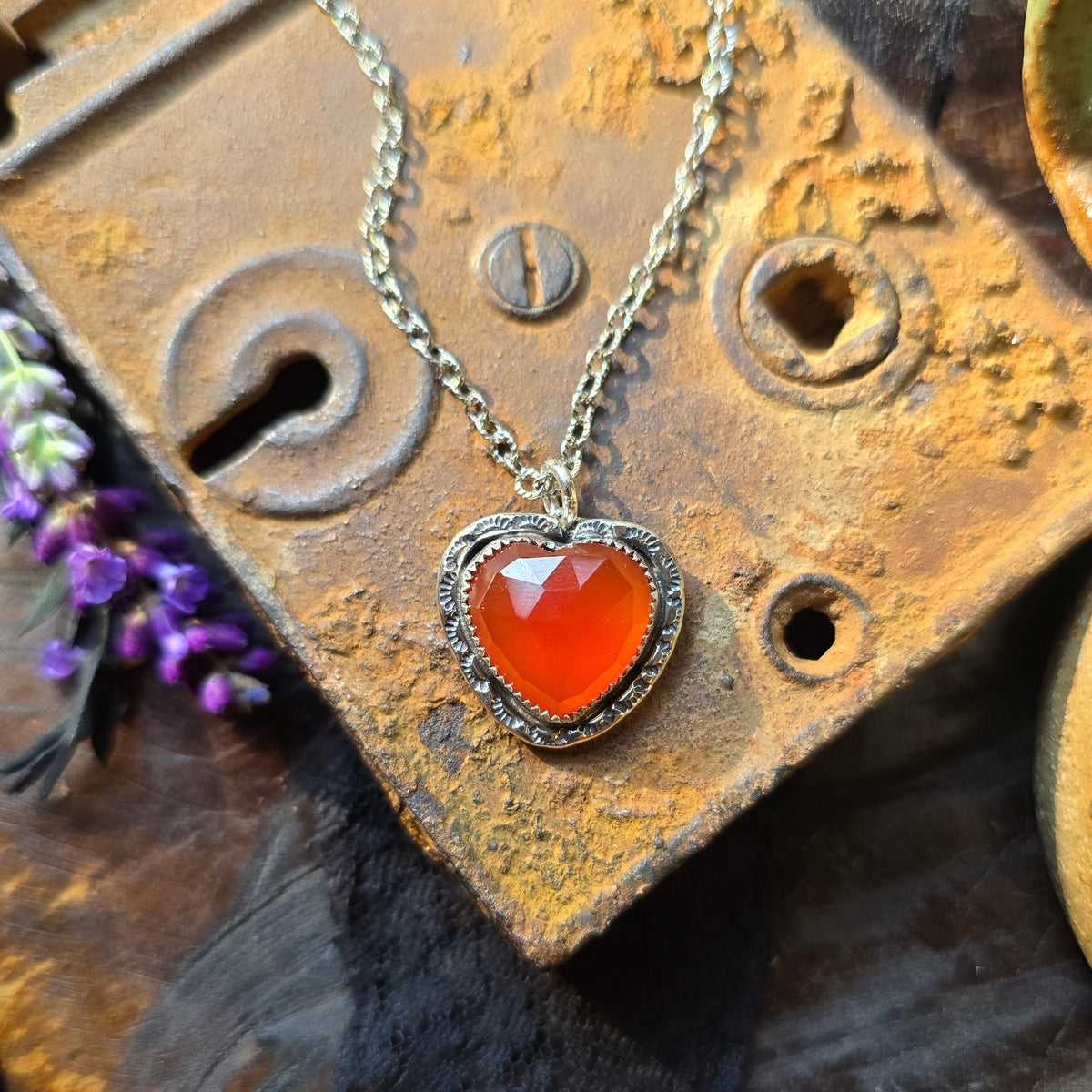 CARNELIAN HEART Necklace | Handcrafted 925 Sterling Silver Faceted Rose Cut Natural Carnelian Heart Pendant