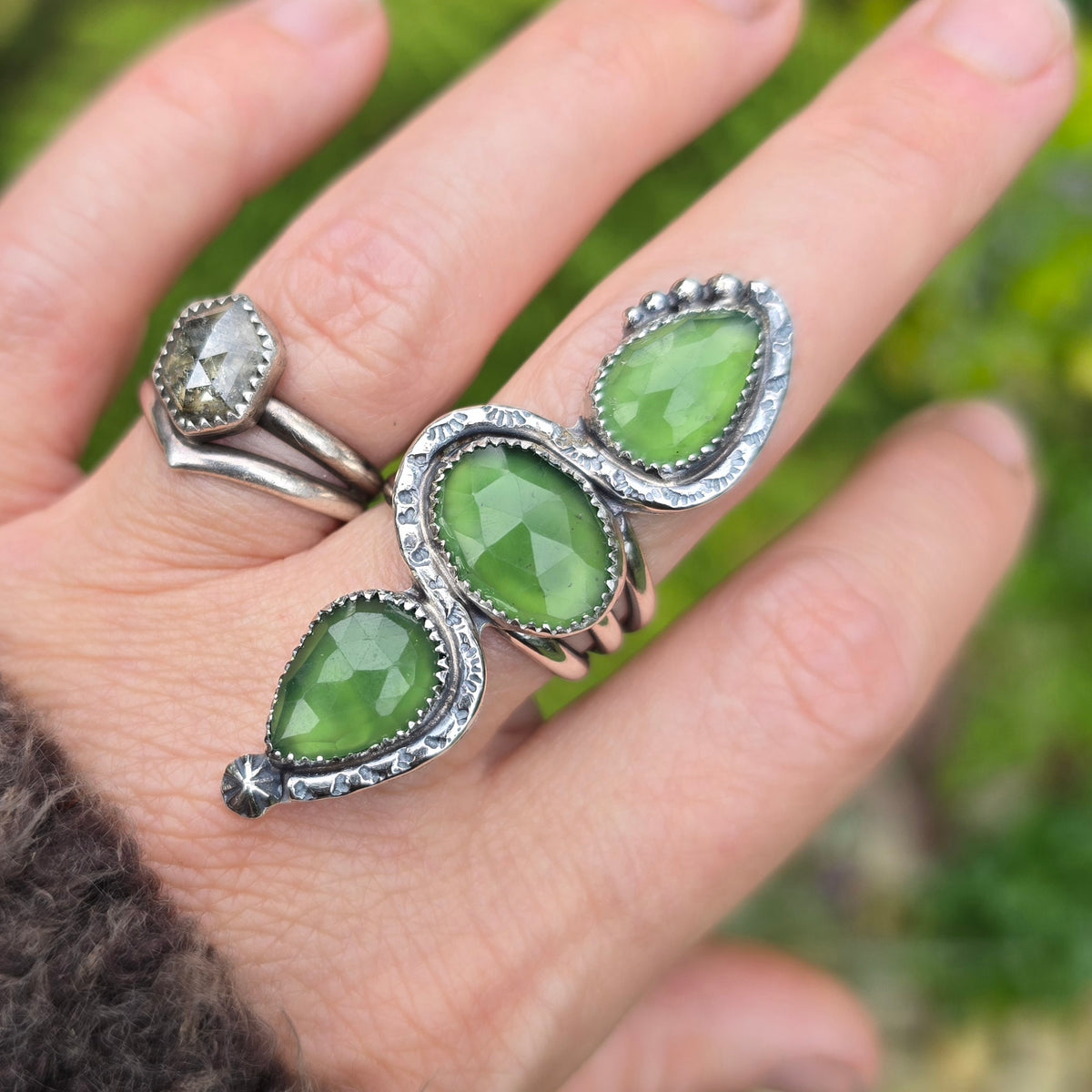 SERPENTINE Ring | Handcrafted 925 Sterling Silver Rose Cut Faceted Natural Green Serpentine Tribal Sun Snake Vertical Serpent Finger Ring