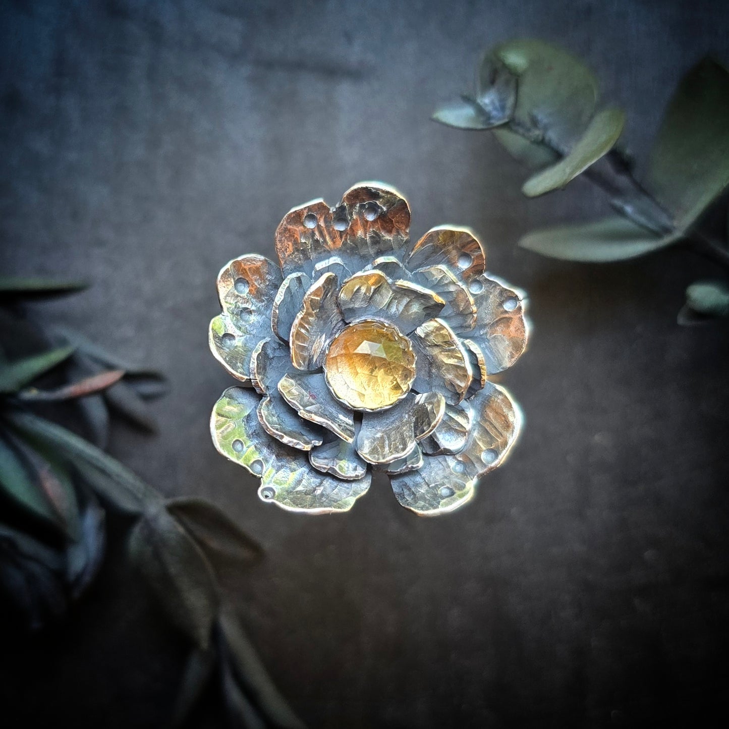 CITRINE FLOWER Ring | 925 Sterling Silver Rose Cut Citrine Large Flower Antique Oxidized Statement Ring