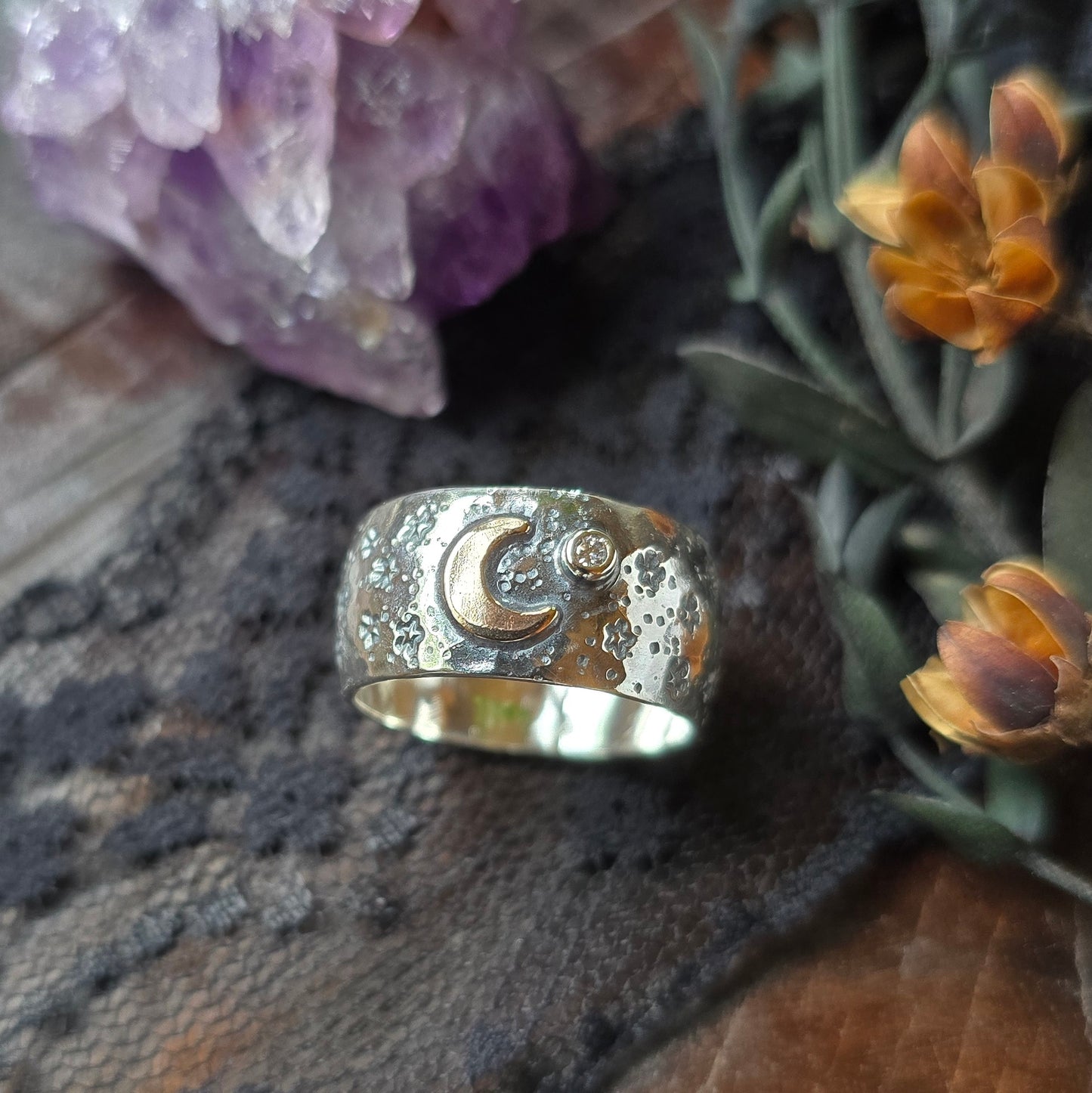 DIAMOND CRESCENT MOON Band | Certified Lab Grown or Genuine Diamond Crescent Moon Ring | 925 Sterling Silver 14k Filled Mixed Metal Band