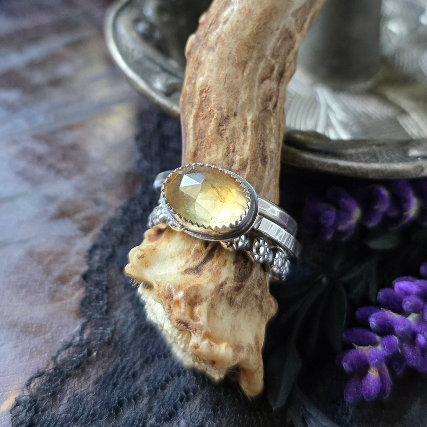 CITRINE Ring Stack | 925 Sterling Silver Rose Cut Faceted Genuine Earth Mined Natural Citrine Chunky Daisy Band Stacking Rings Set of Three