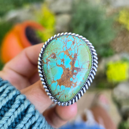 TURQUOISE Ring | Large American Mined Natural Kingman Arizona Blue Green Brown Matrix 925 Sterling Silver Statement Ring | Size 8.75 - 9.25