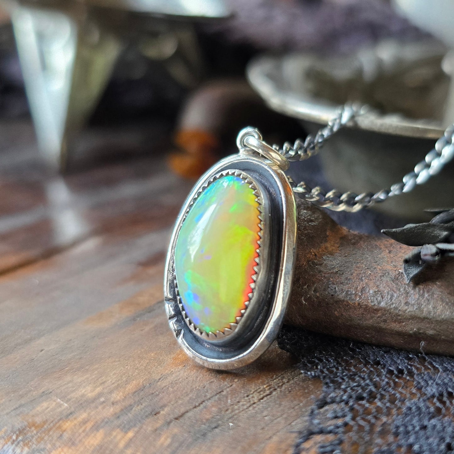OPAL Necklace | Genuine Ethiopian Welo Opal 8 Carat Handcrafted 925 Sterling Silver High Dome Opal Pendant