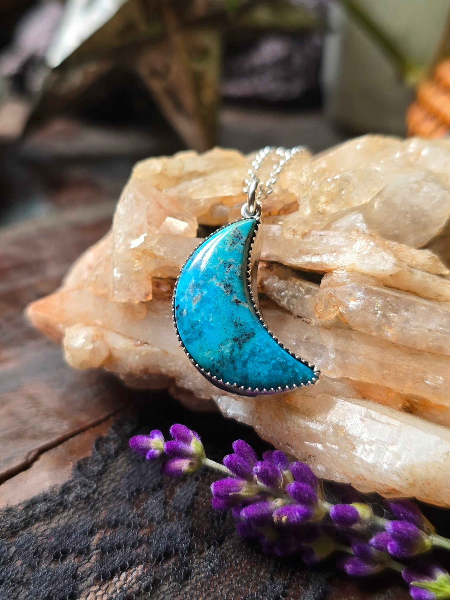 TURQUOISE CRESCENT MOON Necklace | Handcrafted 925 Sterling Silver Natural Untreated Kingman Arizona American Earth Mined Turquoise Pendant