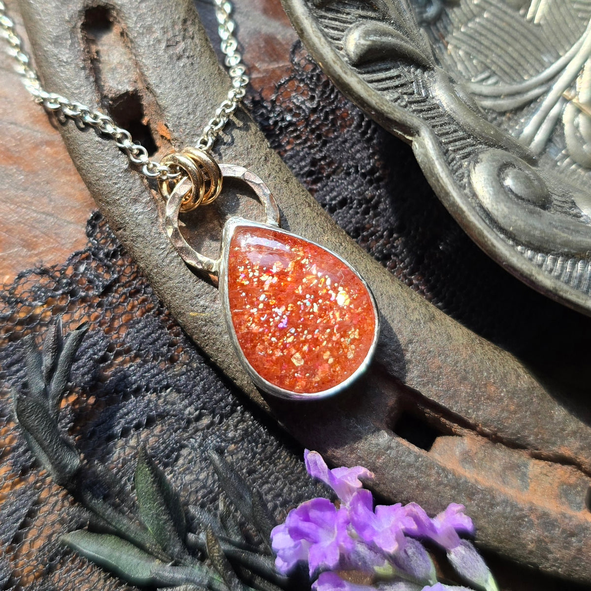SUNSTONE DROP Necklace | Handcrafted Mixed Metal 925 Sterling Silver & 14k Gold Filled Sparkling Sunstone Teardrop Pear Pendant Necklace