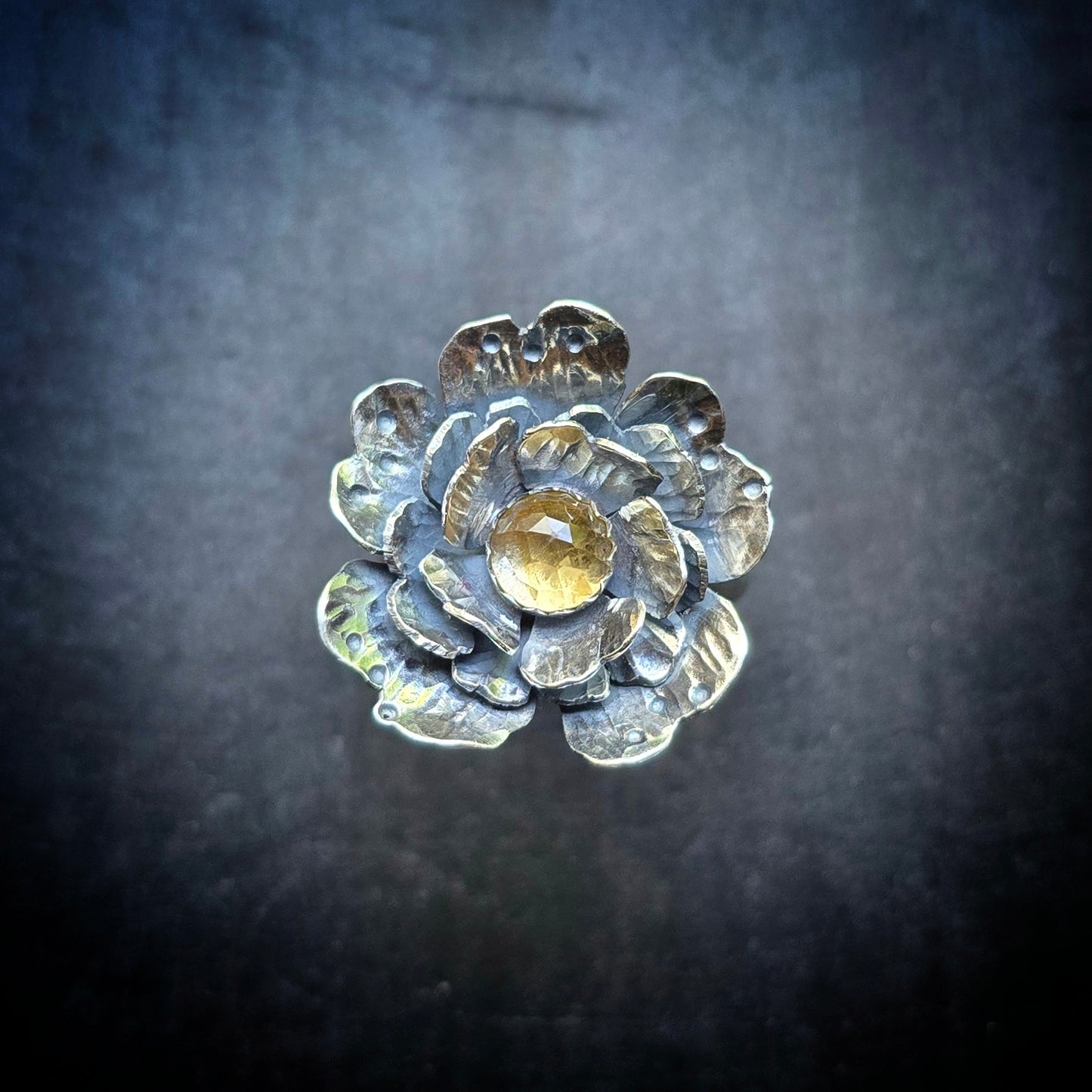 CITRINE FLOWER Ring | 925 Sterling Silver Rose Cut Citrine Large Flower Antique Oxidized Statement Ring
