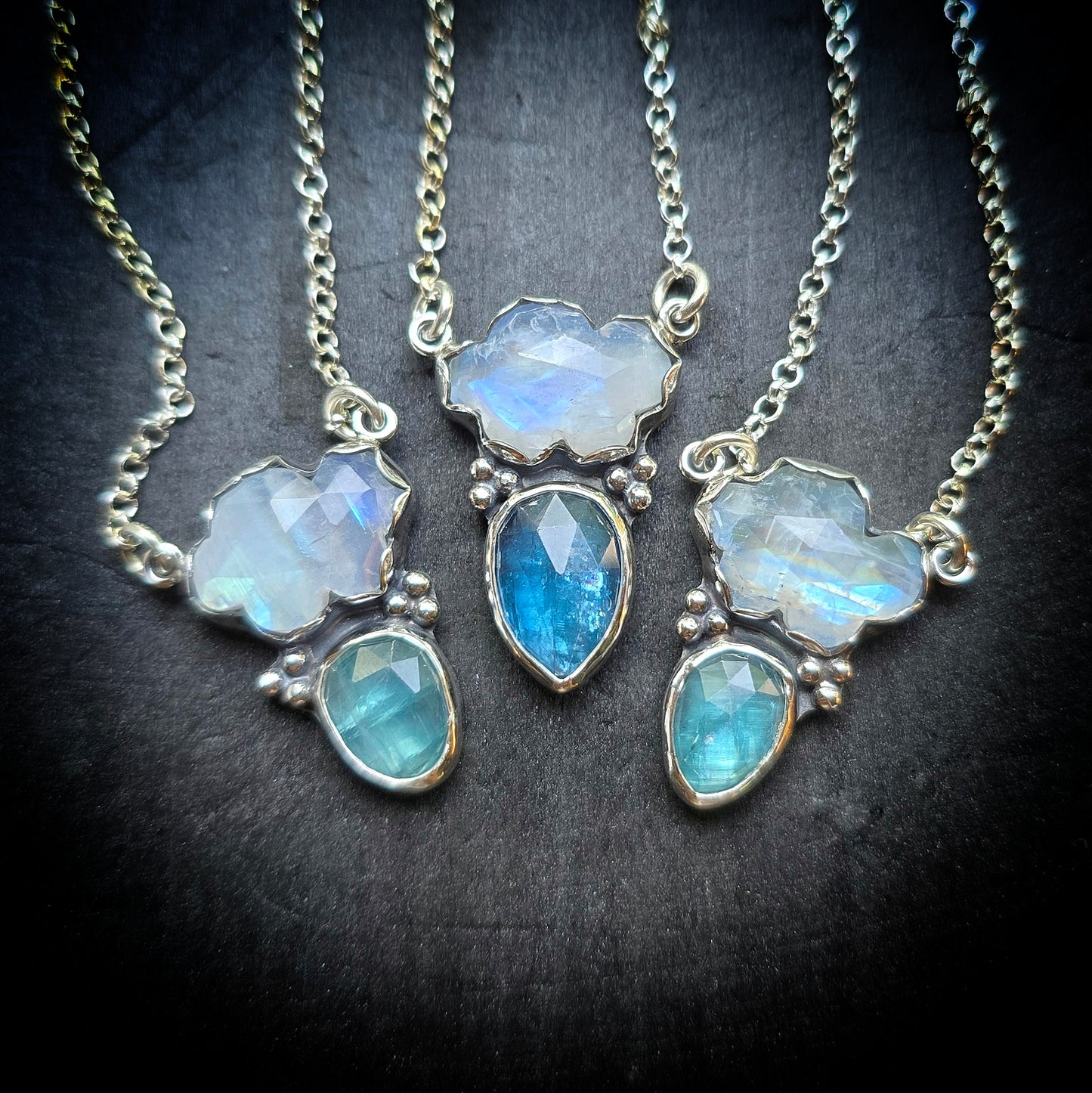 MOONSTONE KYANITE RAINCLOUD Necklace | Fine & 925 Sterling Silver Faceted Rose Cut Moonstone Cloud Blue Kyanite Rain Drop Pendant Necklace