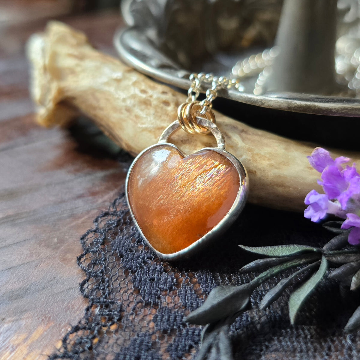 SUNSTONE HEART Necklace | Handcrafted Mixed Metal 925 Sterling Silver & 14k Gold Filled Rainbow Lattice Sparkling Sunstone Heart Pendant